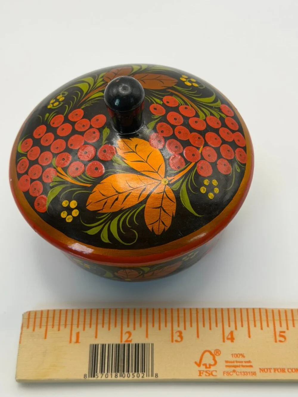 Vintage Russian Khokhloma Hand Painted Wooden Lidded Bowl Folk Art Black Red